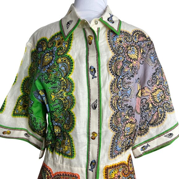 Alemais Womens Size 6 Linen Mini Dress Tropical Mermaid Fish Button Front - Picture 4 of 14